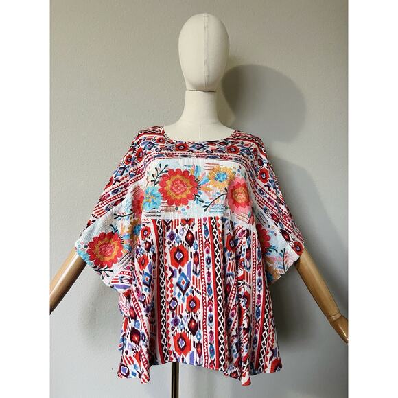 SAVANNA JANE Women's Floral Embroidered Poncho Tunic Top Red Blue Size M/L - Picture 5 of 16